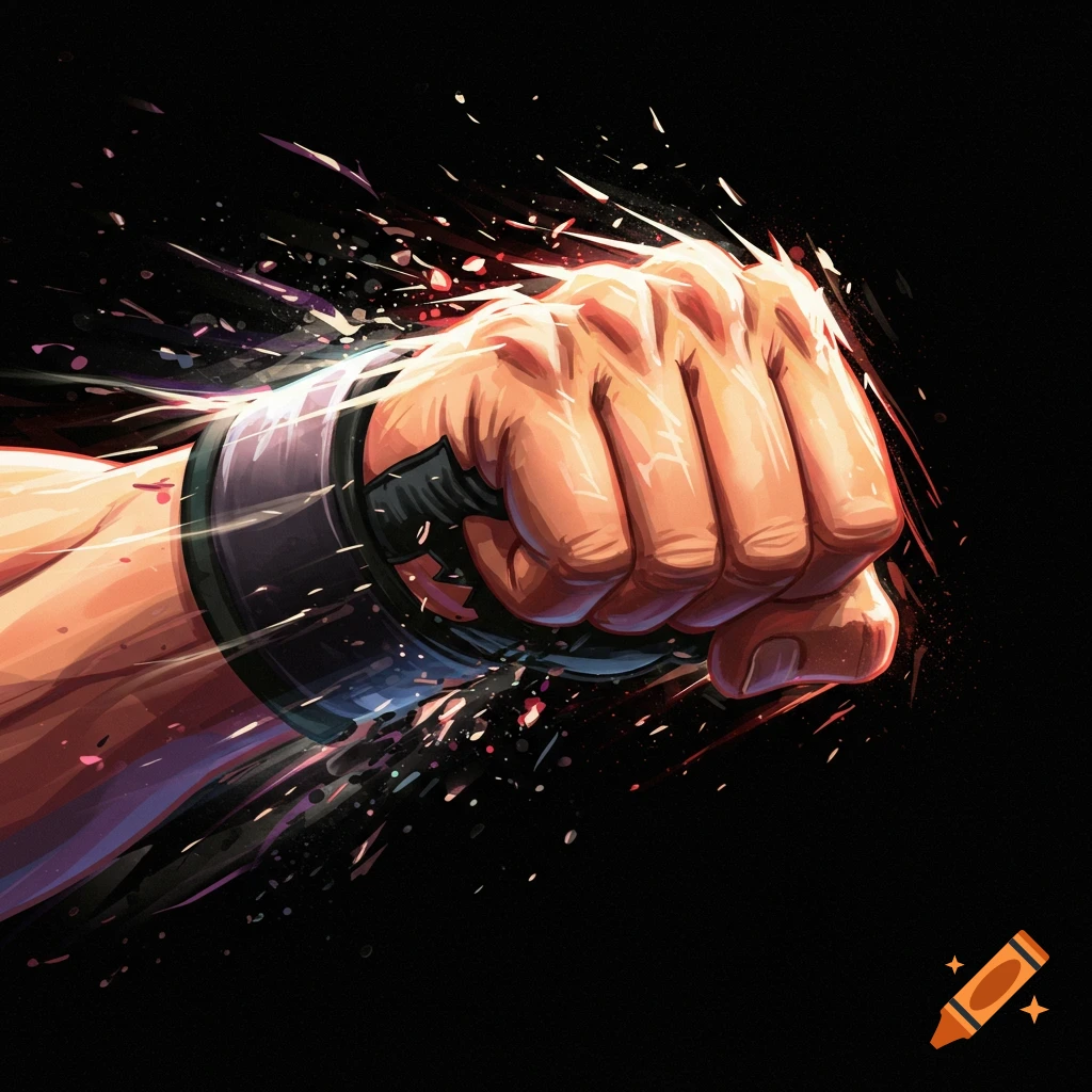 Stylized fist punching forward, surrounded by energy particles on a black background.
