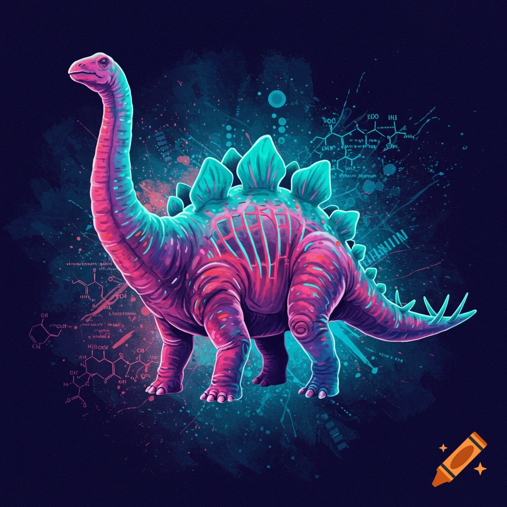 Colorful dinosaur stands against an abstract background of glowing molecular diagrams and shapes.