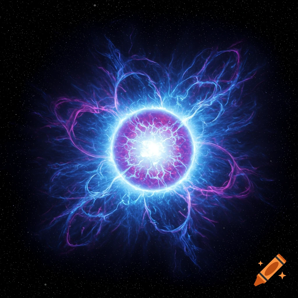 A vibrant blue and purple neutron star with plasma tendrils in space.