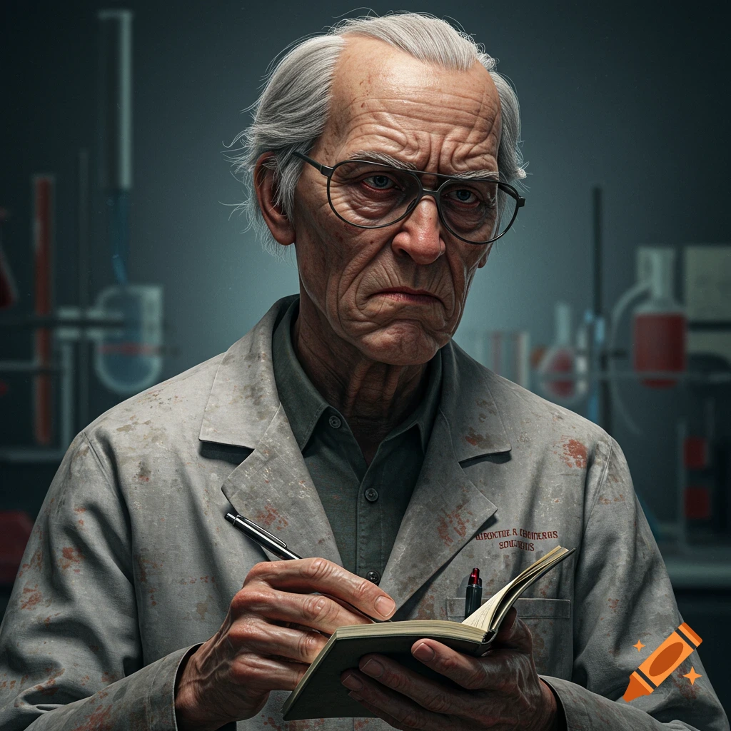 A photorealistic portrait of an old scientist writing in a notebook in a lab.