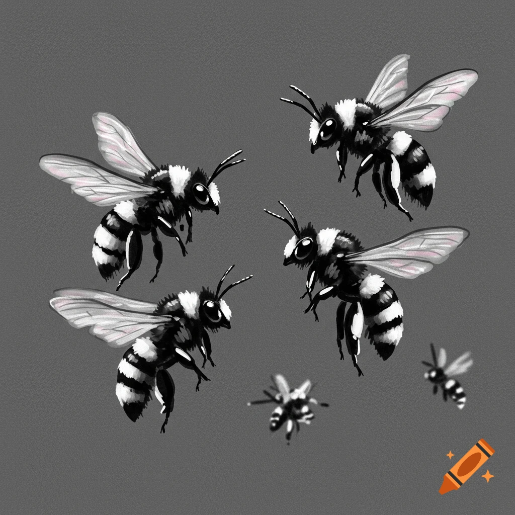 Several black and white bees flying against a gray background.