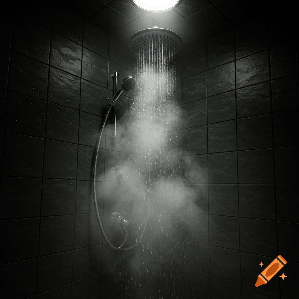 Steamy shower spraying water in a dark bathroom with large tiles.