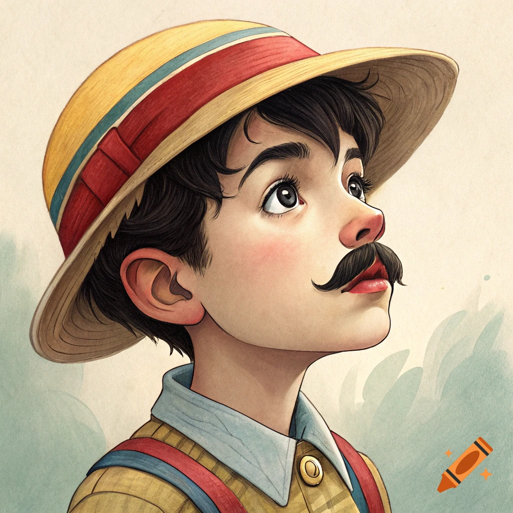 Illustration of a boy in a straw hat and large mustache, looking up.