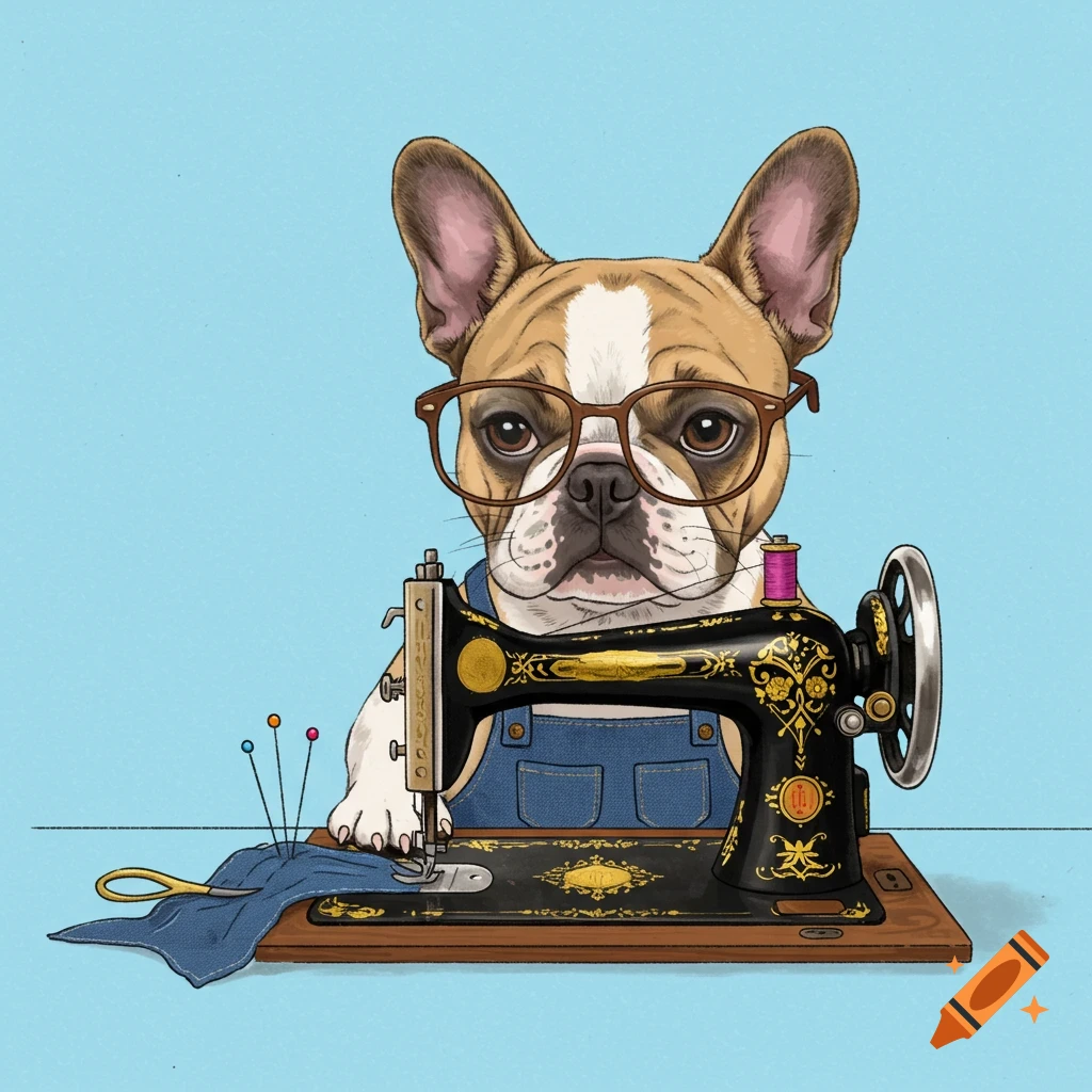 A French bulldog wearing glasses and overalls is sewing on a vintage machine.