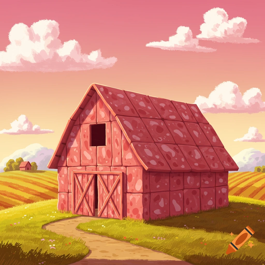 A barn made of bologna in a field at sunset.