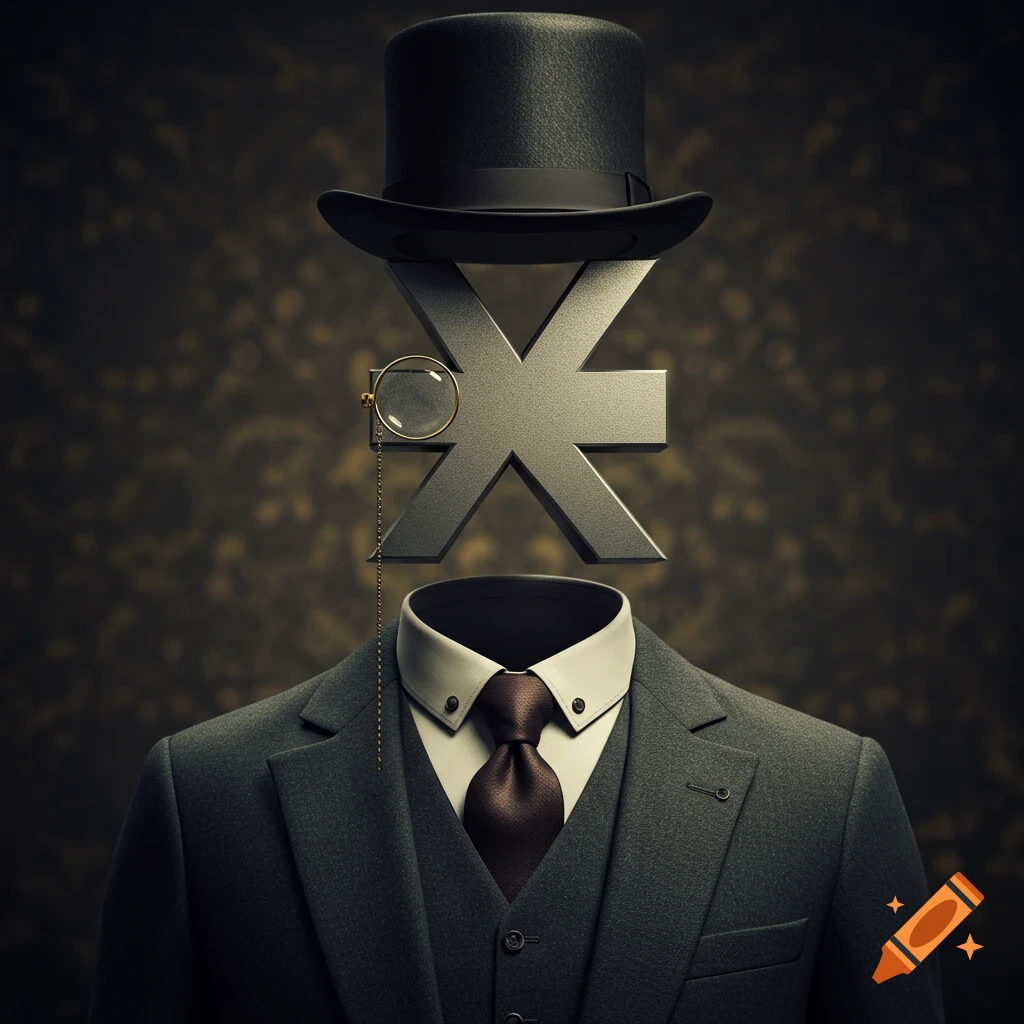 A person in a suit, vest, shirt, and tie with a silver 'X' for a head, wearing a top hat and monocle.