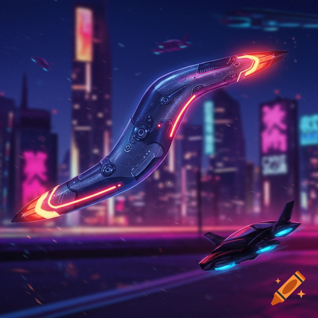 A futuristic boomerang and a jet fly over a road in a neon-lit cyberpunk city at night.
