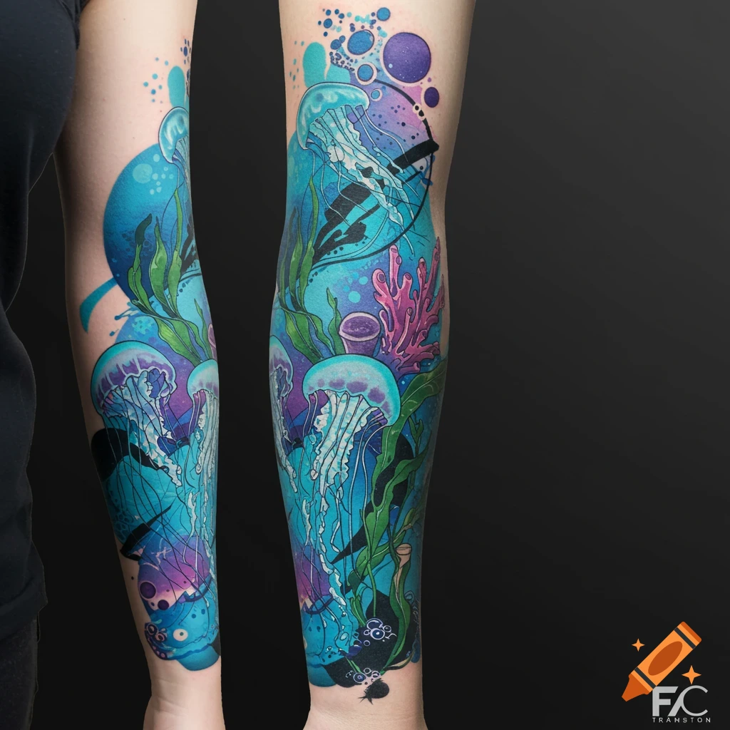 Colorful abstract marine life tattoo on an arm, featuring jellyfish, coral, and seaweed.