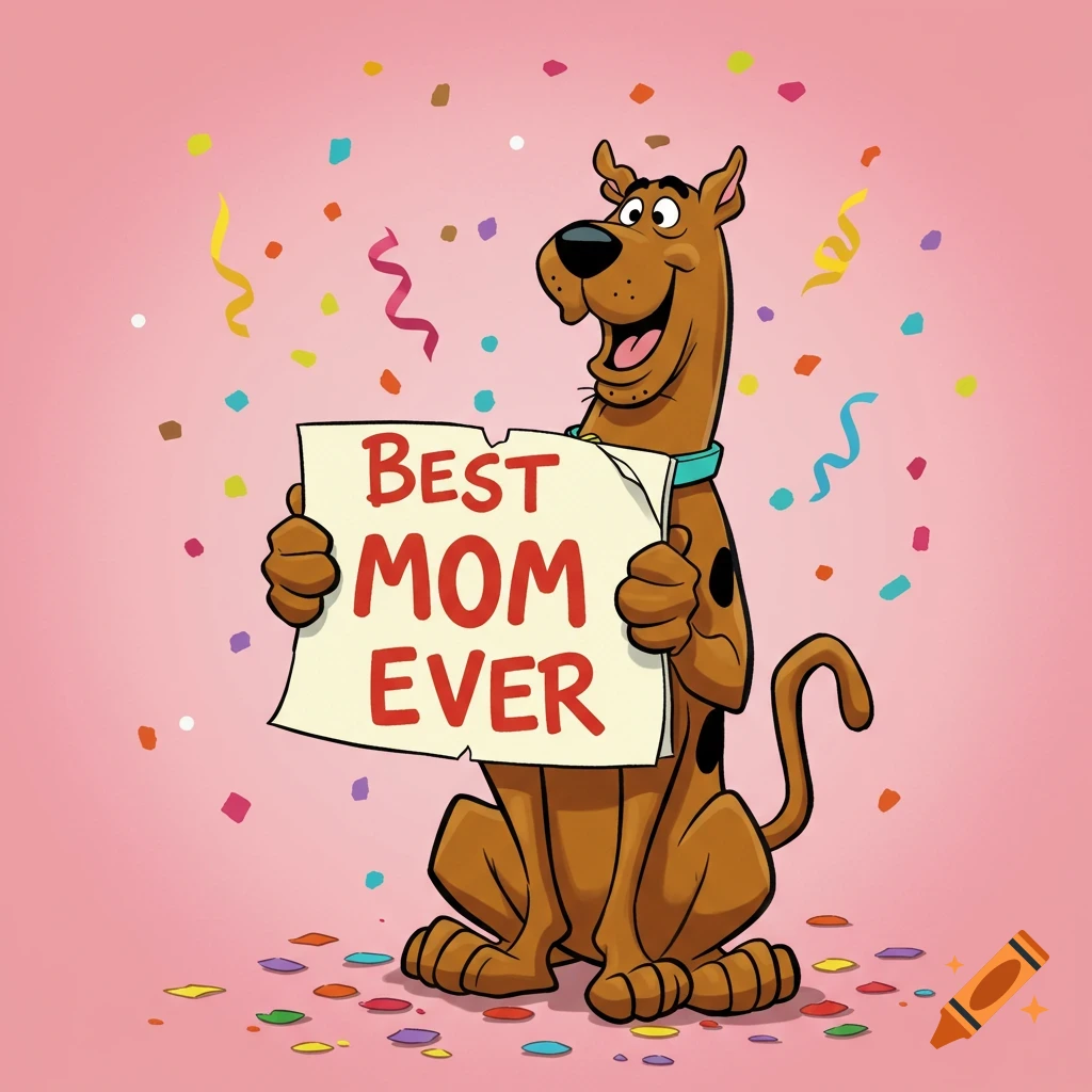 Cartoon Scooby-Doo holds up a 'Best Mom Ever' sign as confetti falls around him.
