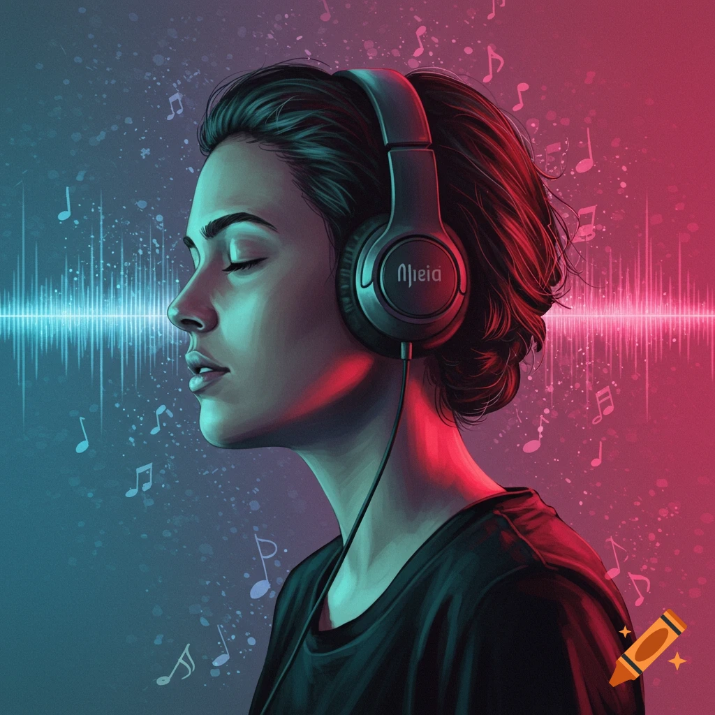 A woman wearing headphones with eyes closed, surrounded by music notes and waveforms, in a gradient style.