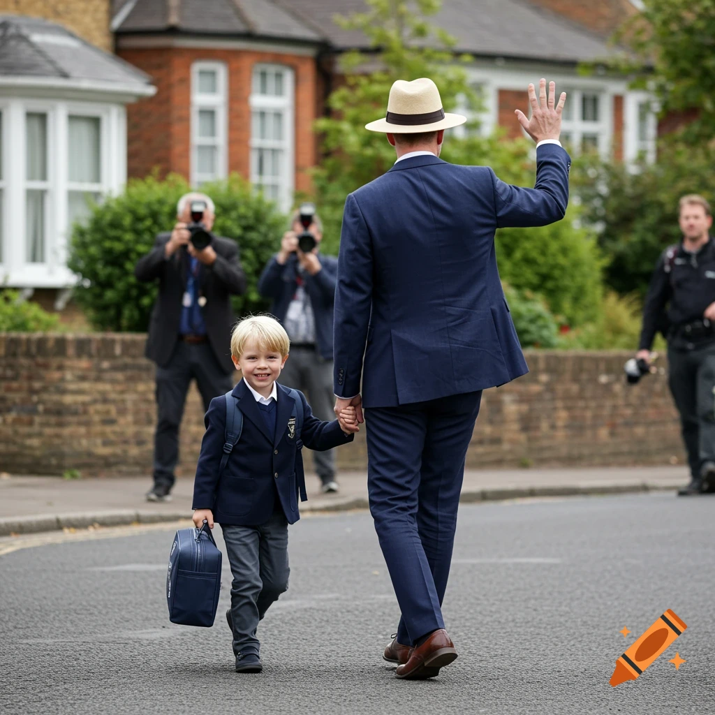 A boy and his father walk down a street, the father waving at photographers.