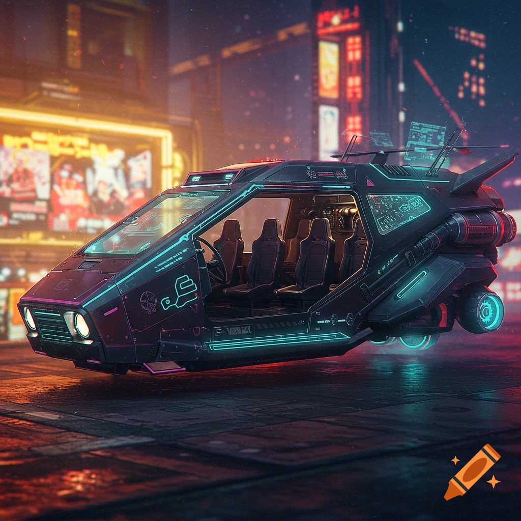 A cyberpunk 6-seat vehicle in a futuristic city at night.