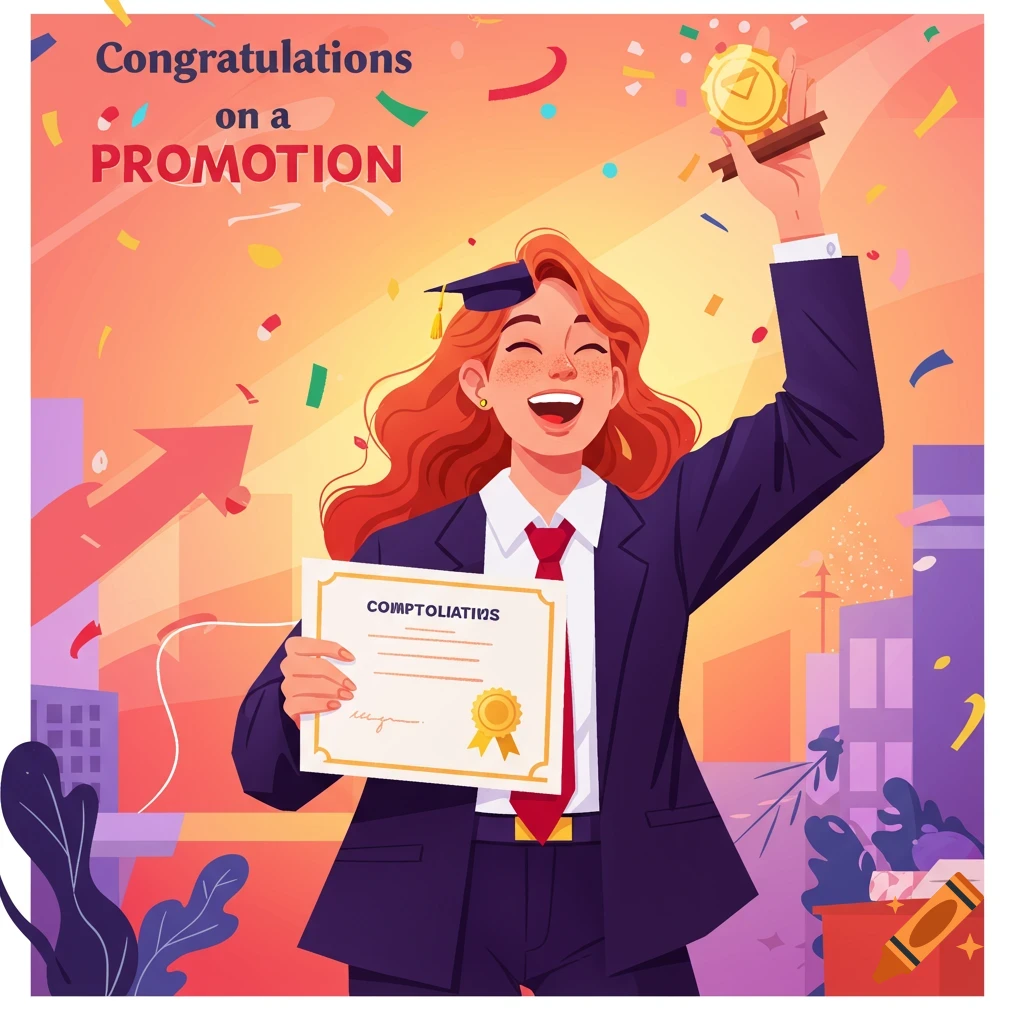 Happy woman in suit celebrates promotion with confetti, holding certificate and medal.