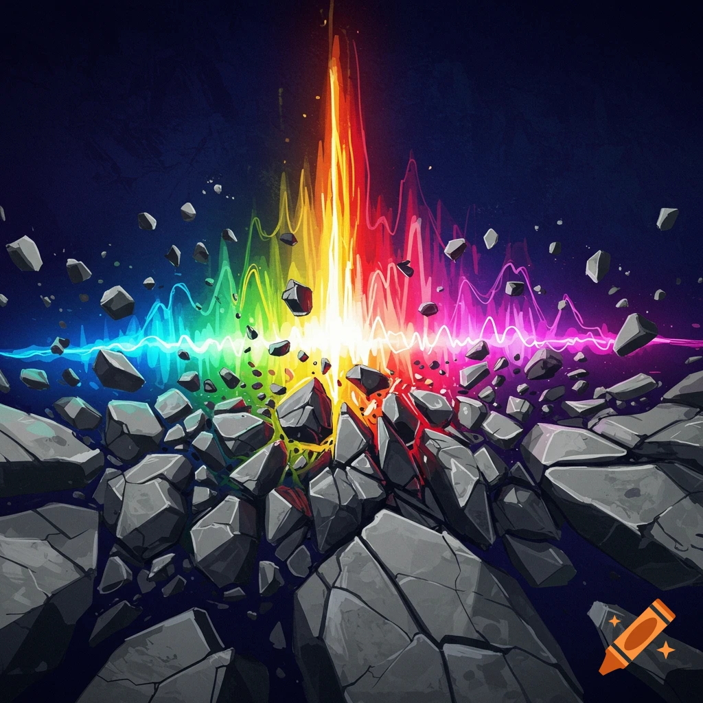 A colorful sound wave breaking up rocks, with debris flying.