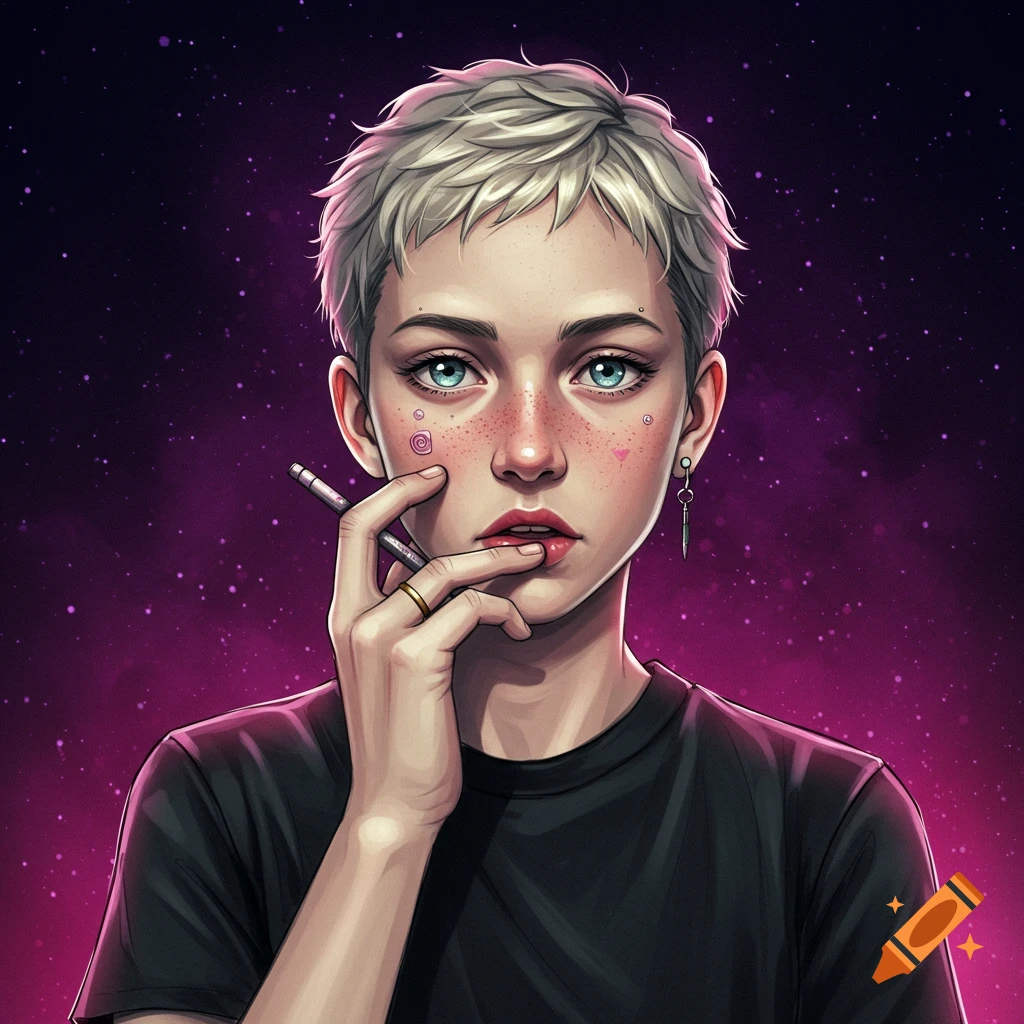 Portrait of a person with short blonde hair, freckles, holding a pencil, against a starry purple background in a stylized art style.