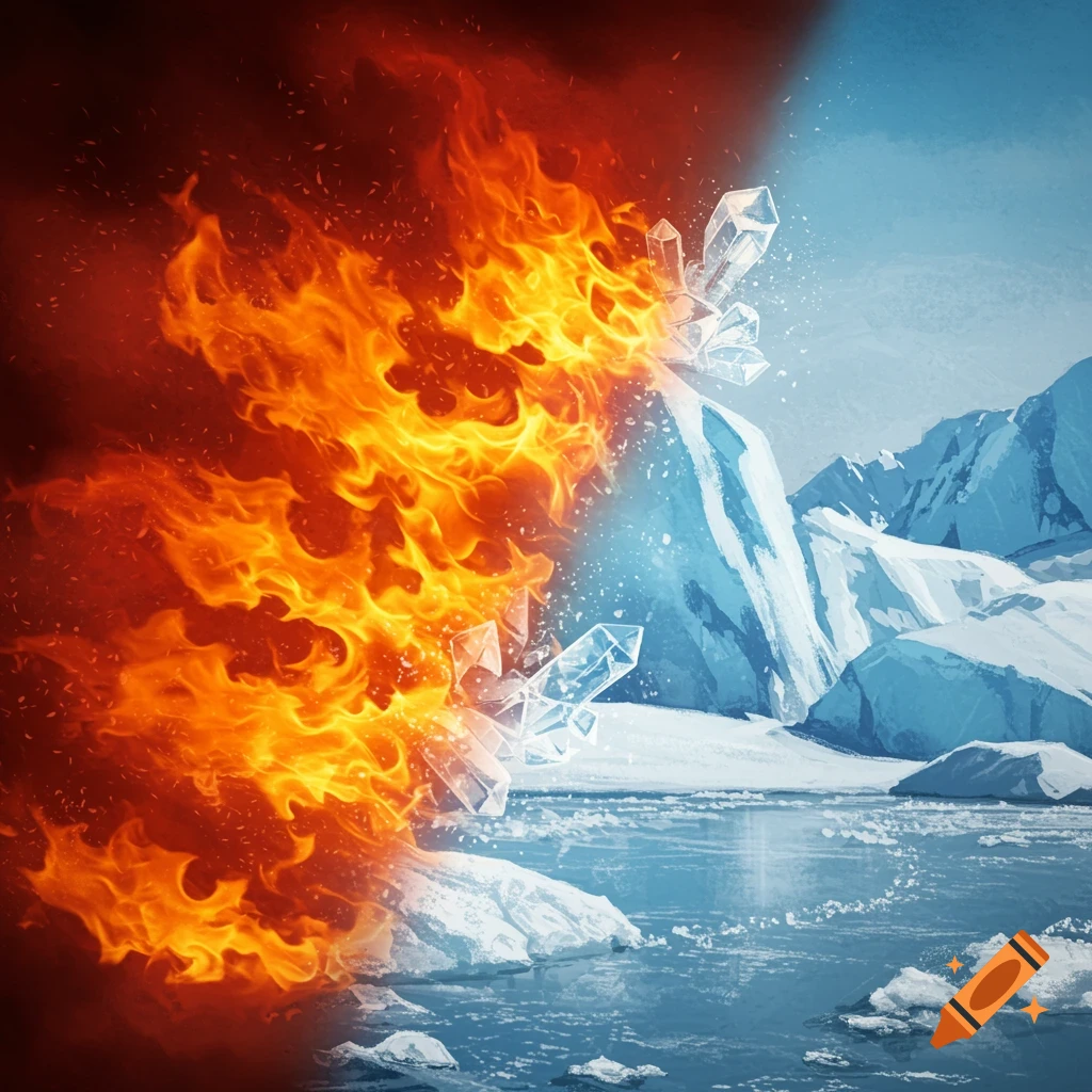 Fire clashing with an icy landscape