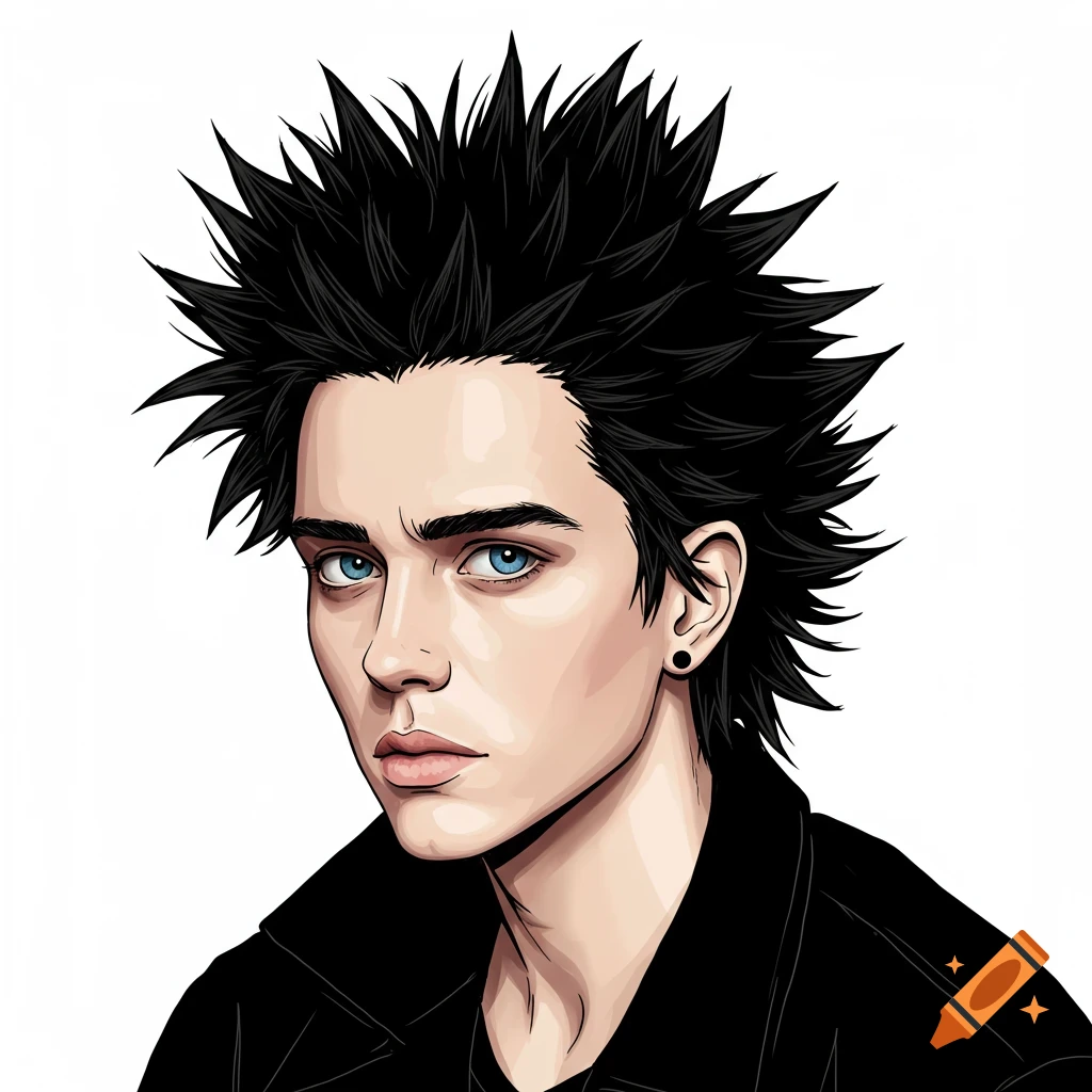Stylized portrait of a young man with spiky black hair and blue eyes.