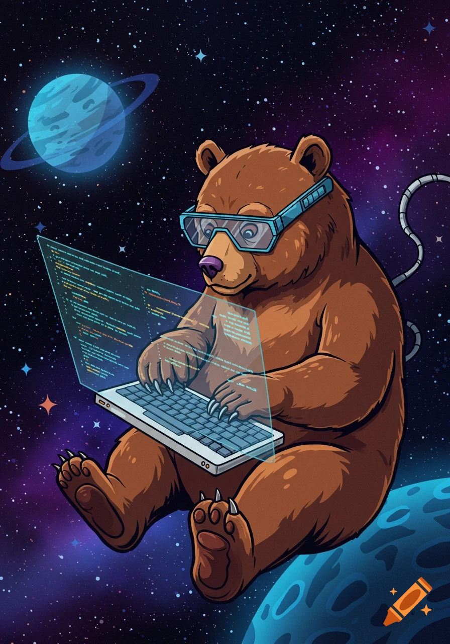 Vector graphic of a bear wearing goggles and coding on a translucent laptop while sitting on a planet in space.