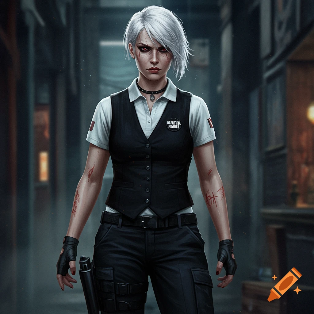 A white-haired woman in a black vest is holding a gun in an alleyway.