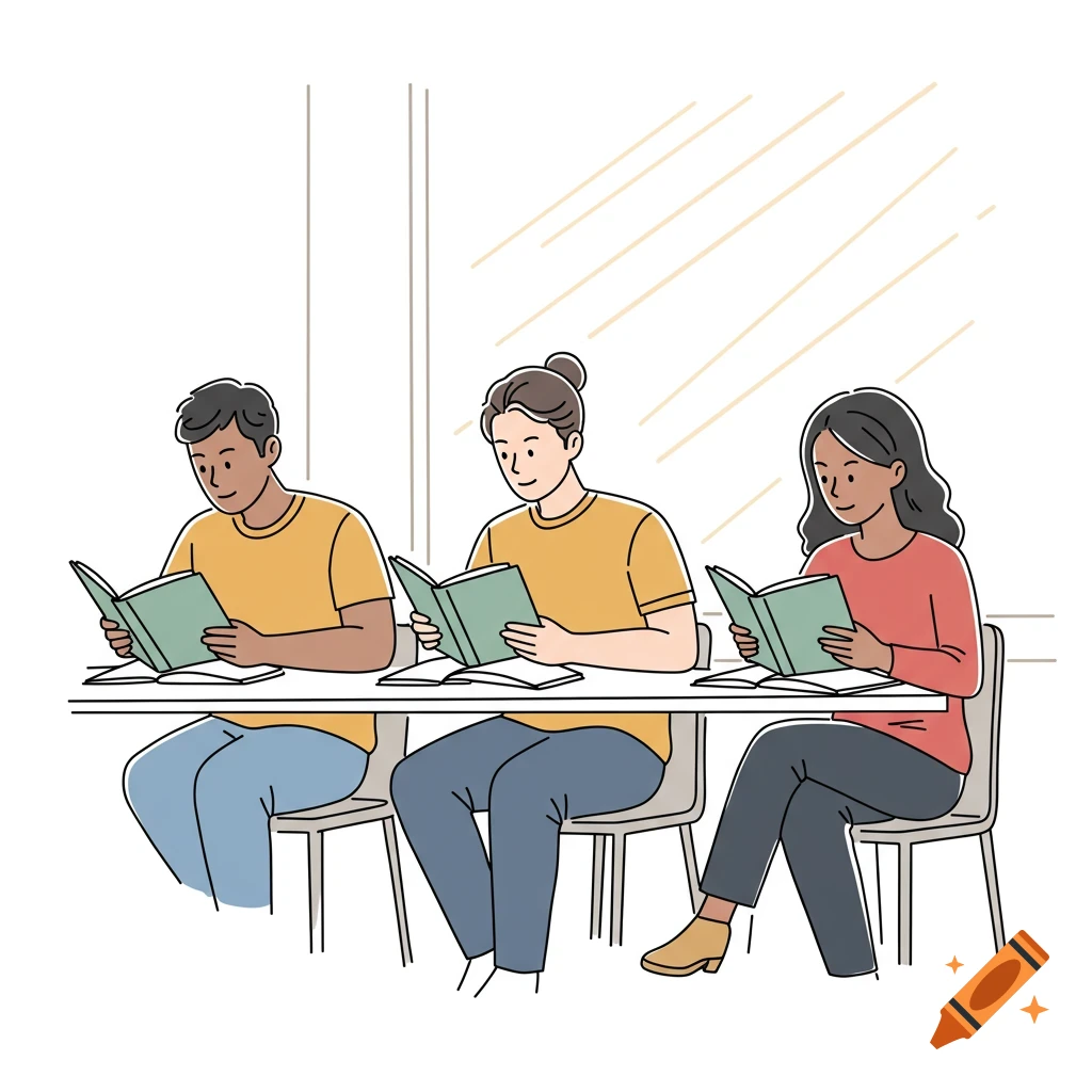 Simple line drawing of three students reading books at a table.