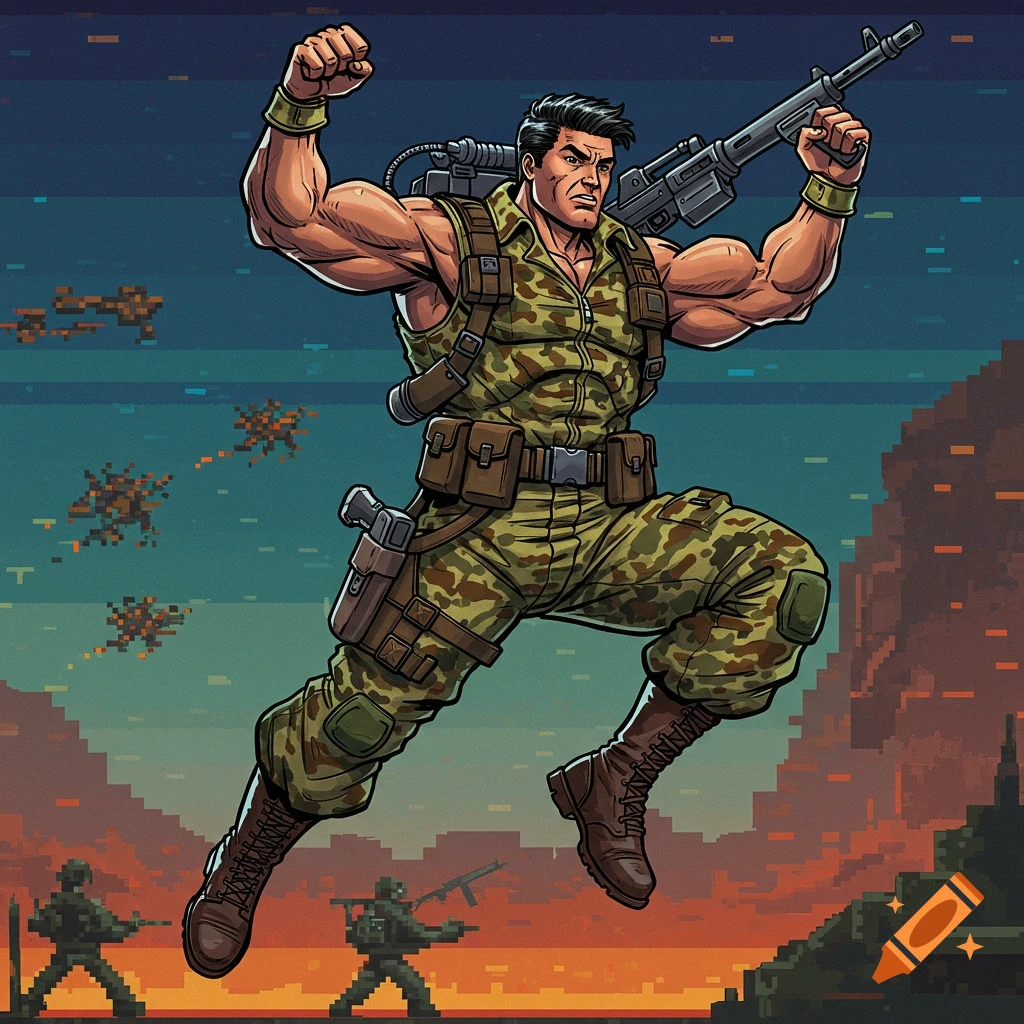 A muscular action figure in camouflage is depicted jumping with a rifle against a pixelated military background.
