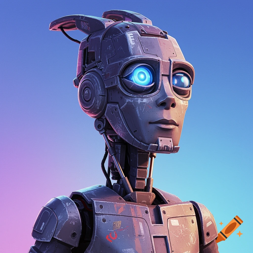 Portrait of a metallic robot with glowing blue eyes.