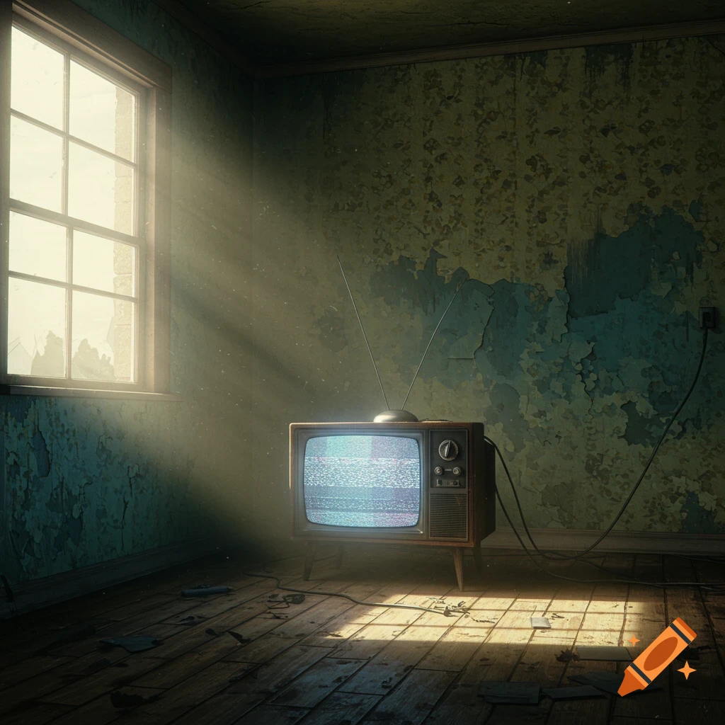 An old television displays static in a dimly lit, dilapidated room with sunlight streaming through a window.