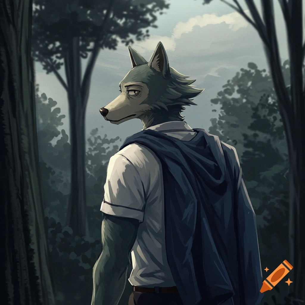 An anthropomorphic wolf character in a forest, looking over his shoulder.