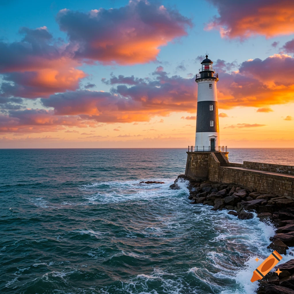 Lighthouse on a rocky jetty at sunset with orange clouds over the sea.