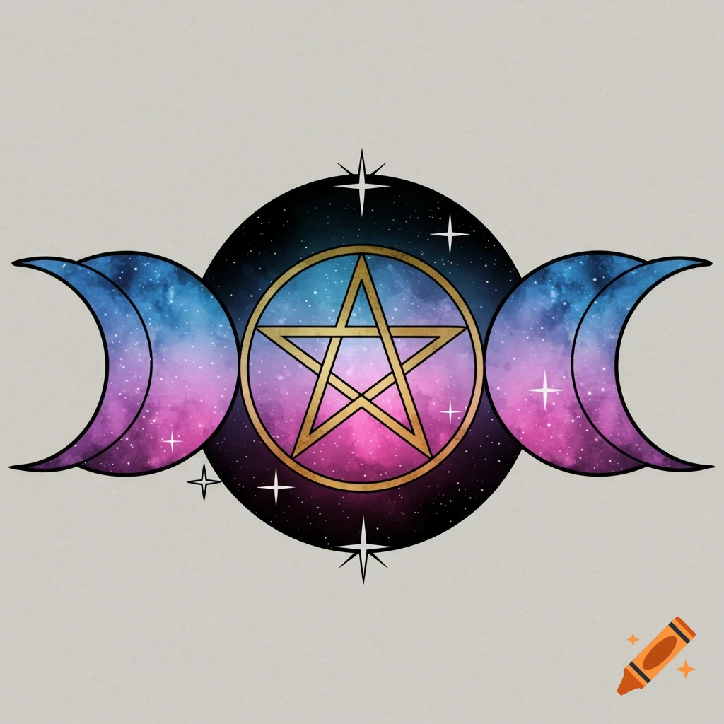 Triple moon symbol with a central pentacle, filled with a galaxy pattern, surrounded by stars.