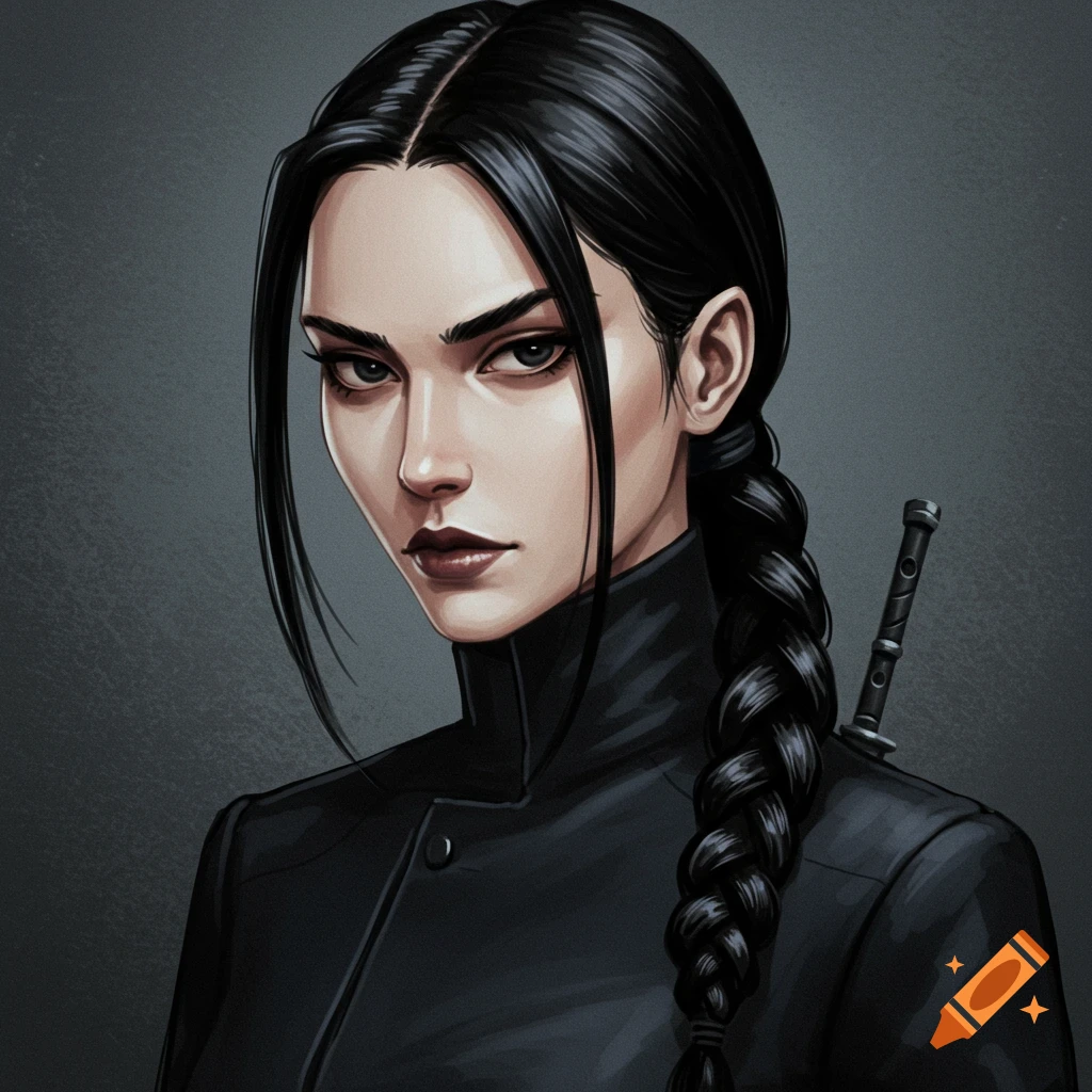 A portrait of a woman with dark braided hair and sharp features, wearing black with a sword hilt visible.