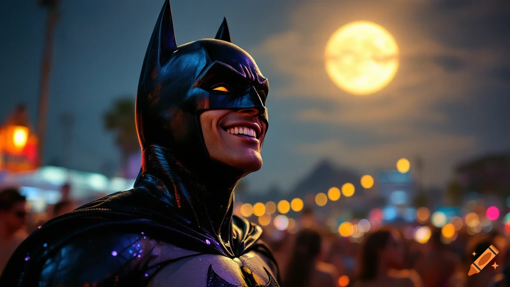 Photorealistic image of Batman smiling at a night carnival under a full moon.