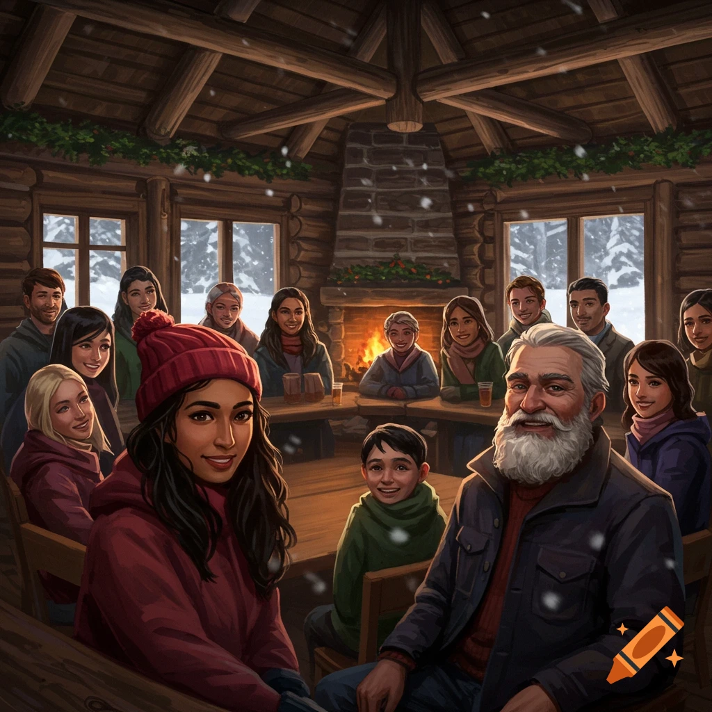 A group of smiling people gathered inside a warm, rustic cabin with a fire, looking out at snow.