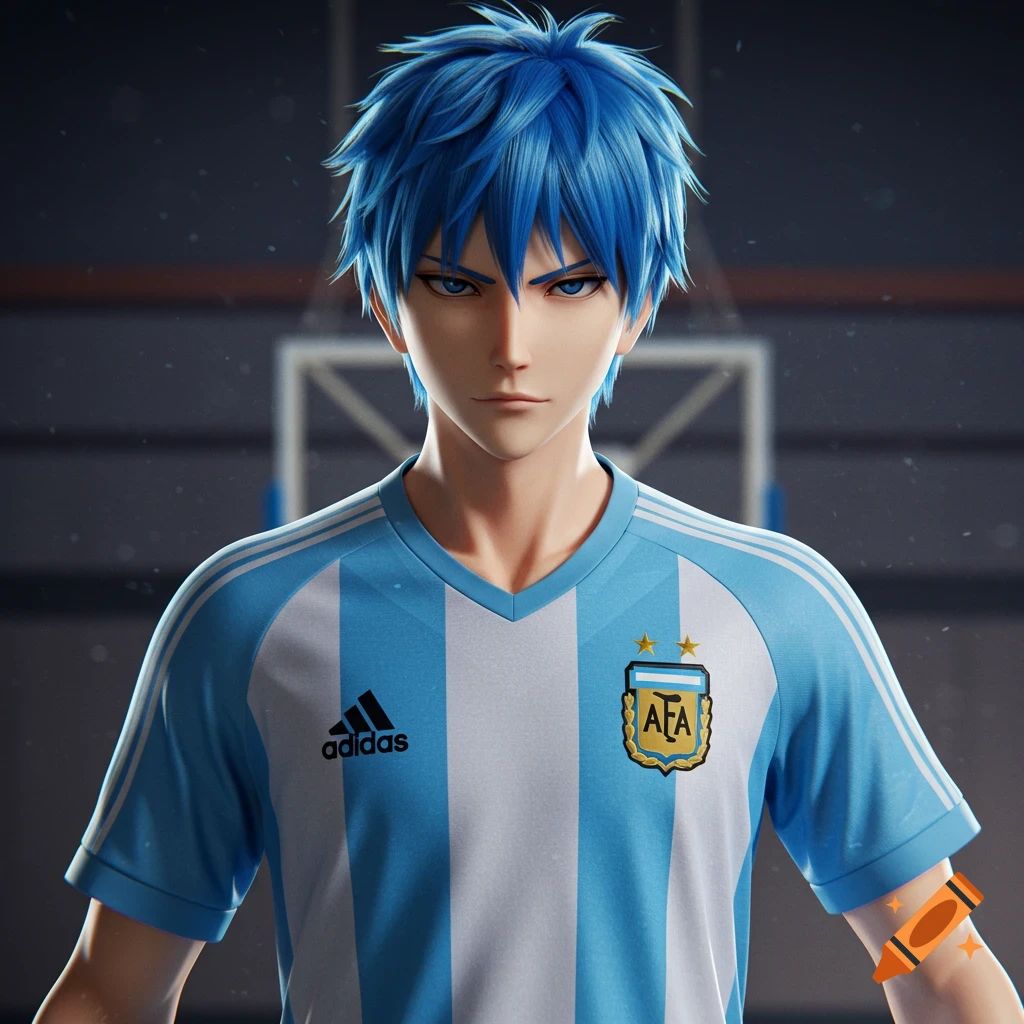 Anime character with blue hair in Argentina soccer jersey.