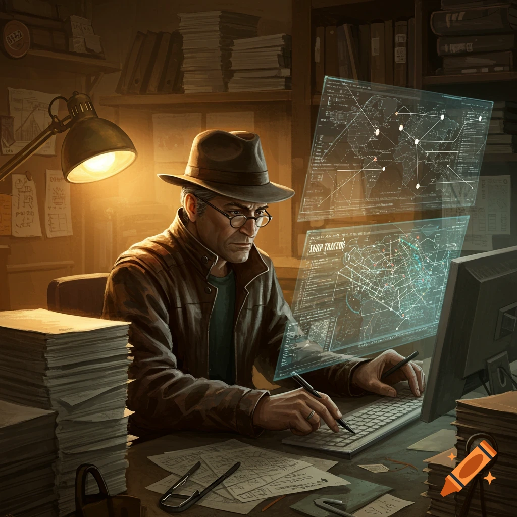 A person in a fedora works at a computer in a dimly lit room filled with papers, looking at holographic maps on screens.