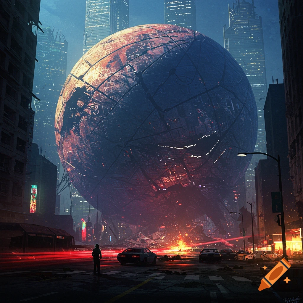 A large, spherical alien ship crash-landed in a city with tall buildings.