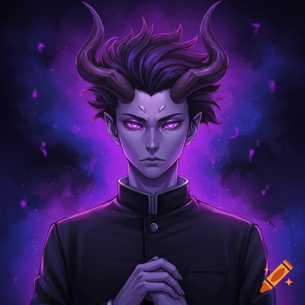 An anime character with purple skin, glowing eyes, horns, and a school uniform is depicted against a purple galaxy background.