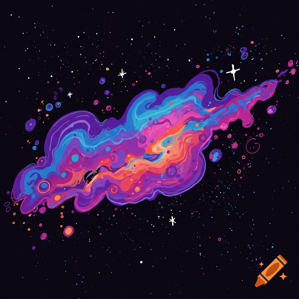 A vibrant, abstract illustration of a colorful nebula swirling in deep space among stars.