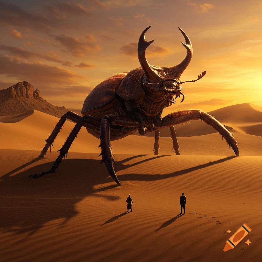 Giant six-legged beetle looms over tiny figures in a vast desert at sunset.