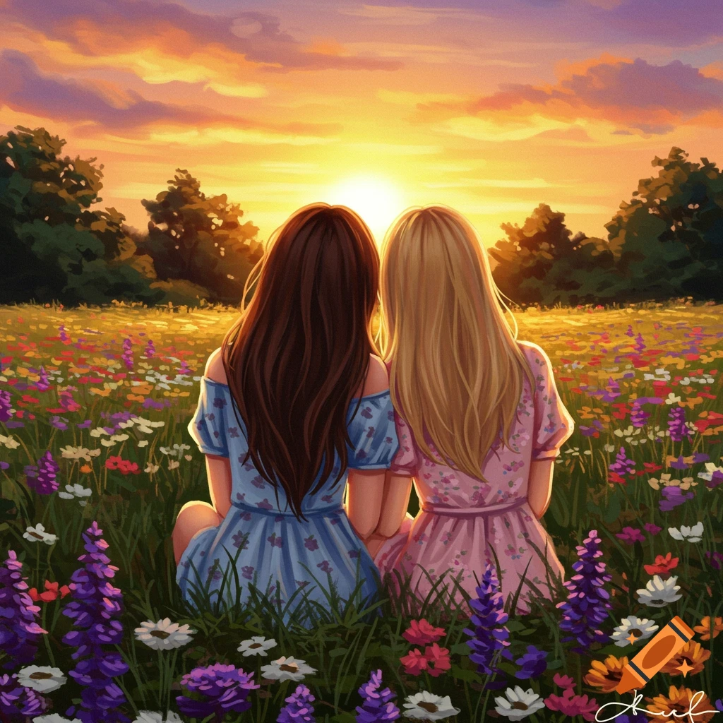 Two young women sitting in a field of wildflowers at sunset.