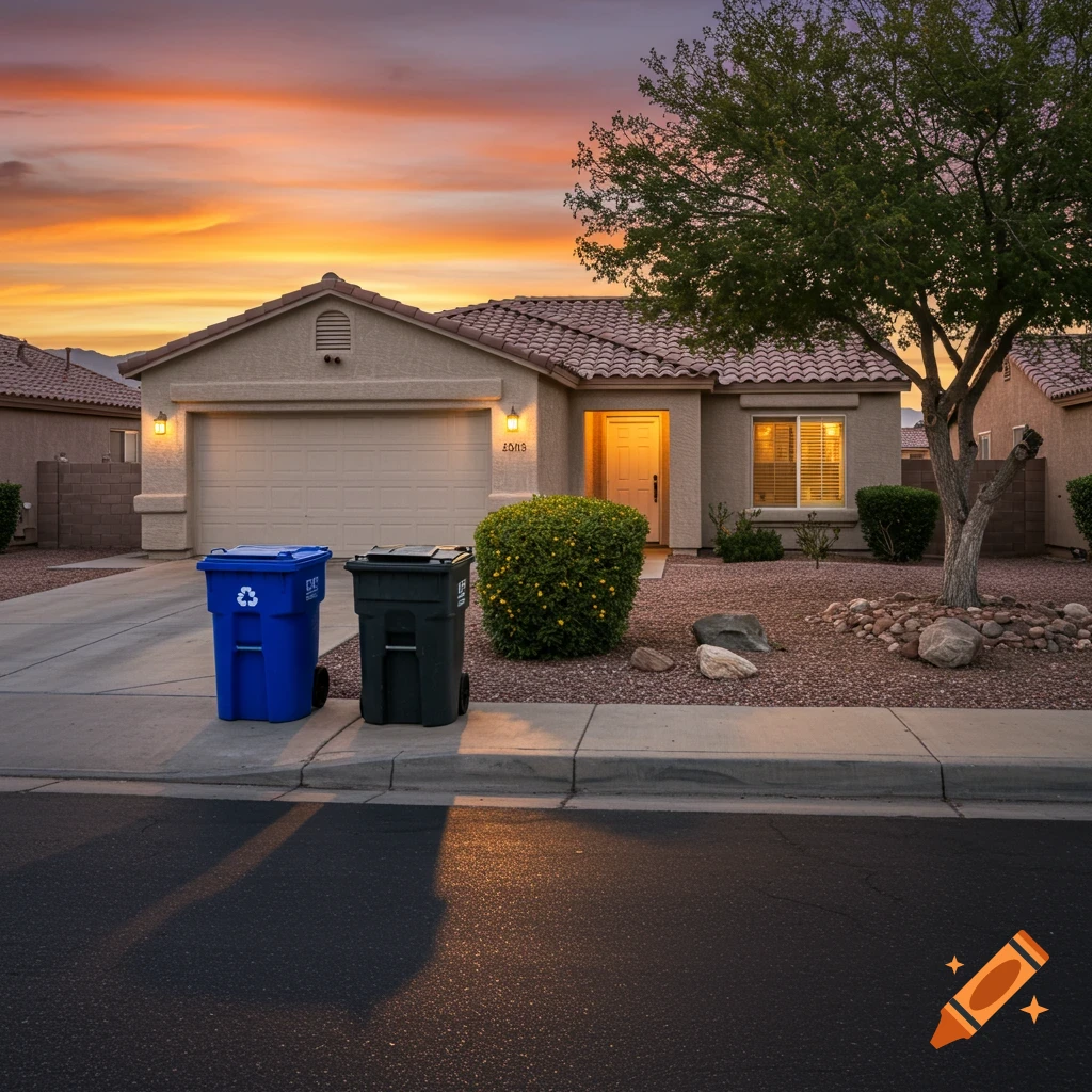 A suburban house with trash and recycling bins in the driveway at sunset.