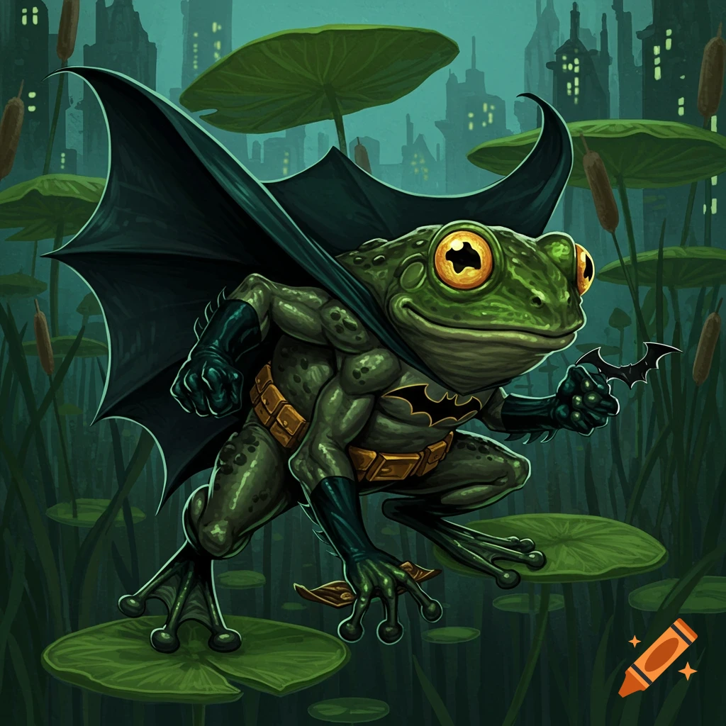 A frog dressed as Batman sits on a lily pad, holding a batarang with a city skyline background.