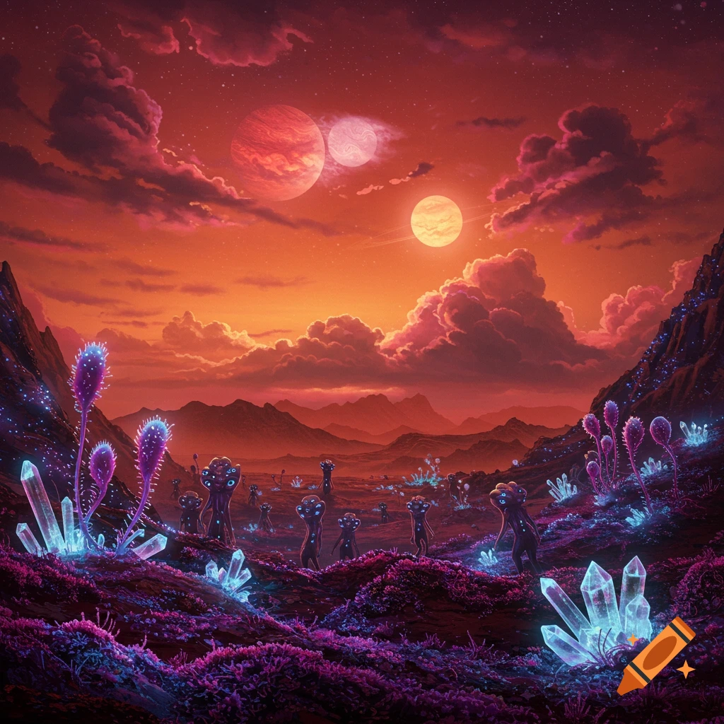 A vibrant alien landscape with glowing purple plants, blue crystals, and strange creatures under a red sky with planets.