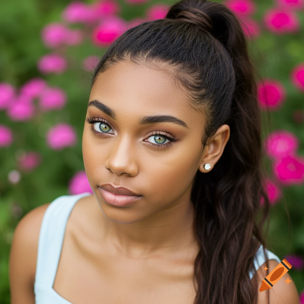 Portrait of a young girl with green eyes and a high ponytail in a light blue dress, against a blurry background of pink flowers.