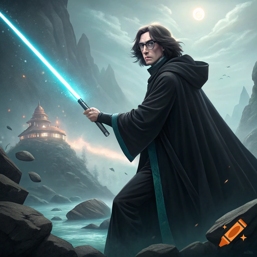 Man in black robes holding a blue lightsaber stands by a river in a fantasy landscape with a temple.