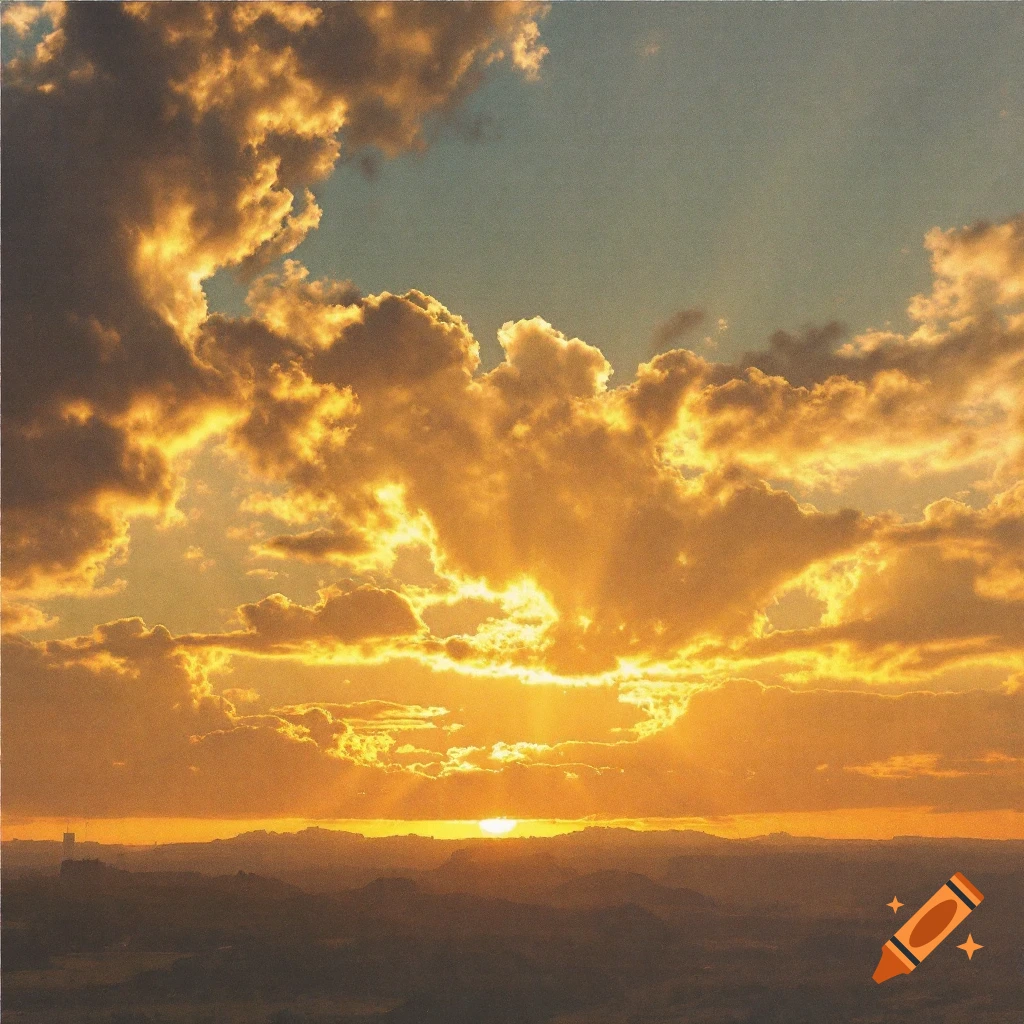 Dramatic sunset over a landscape with radiant sun rays breaking through clouds.