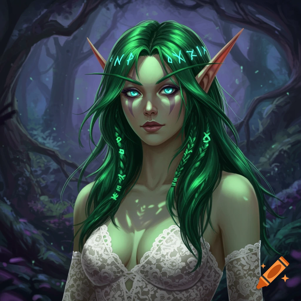A Night Elf woman with green hair and glowing runes stands in a forest, wearing a white lace top.