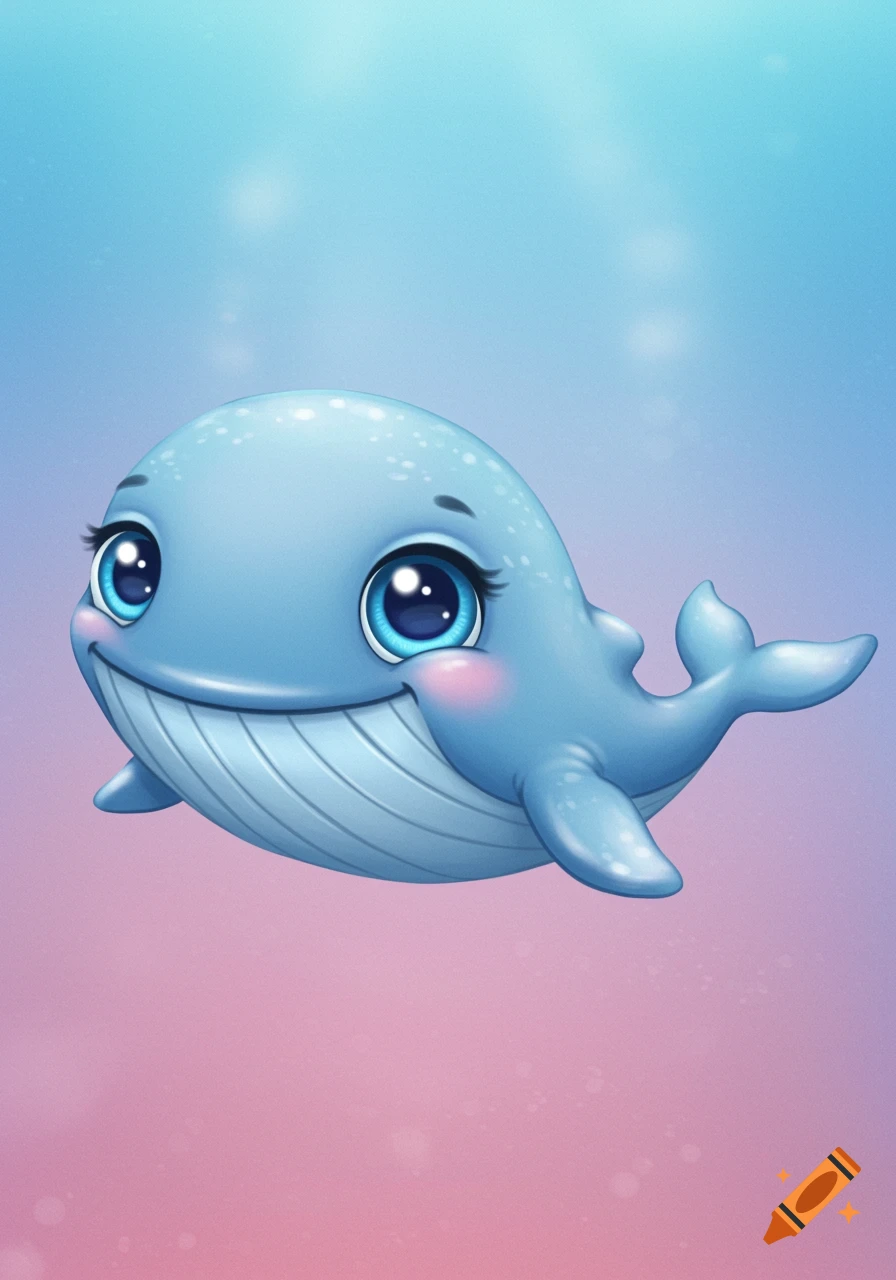 A cute blue cartoon whale with big eyes smiles in a gradient blue and pink background.