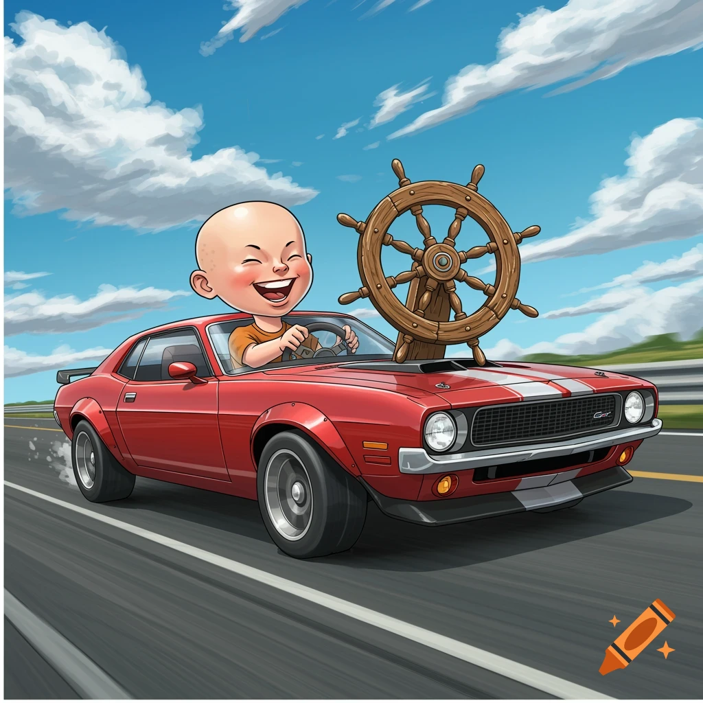 Pop art style vibrant image of a bald child driving a red sports car with a pirate wheel on a highway.