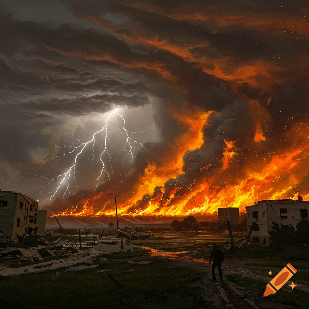 Massive fire and lightning storm over ruined buildings with a person watching.